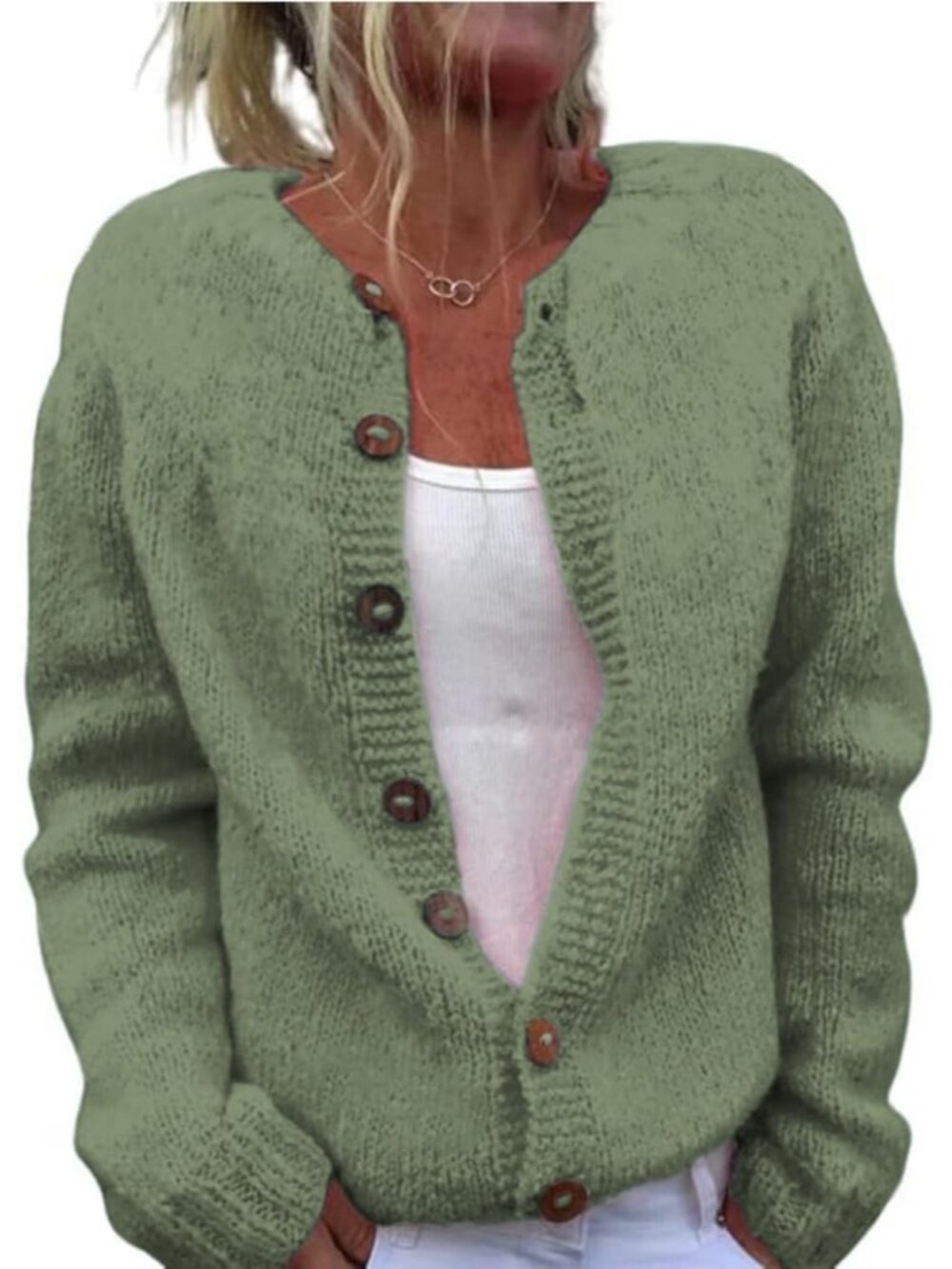 Women’s Sage Green Solid Chunky Knit Button Down Cardigan Sweater Top